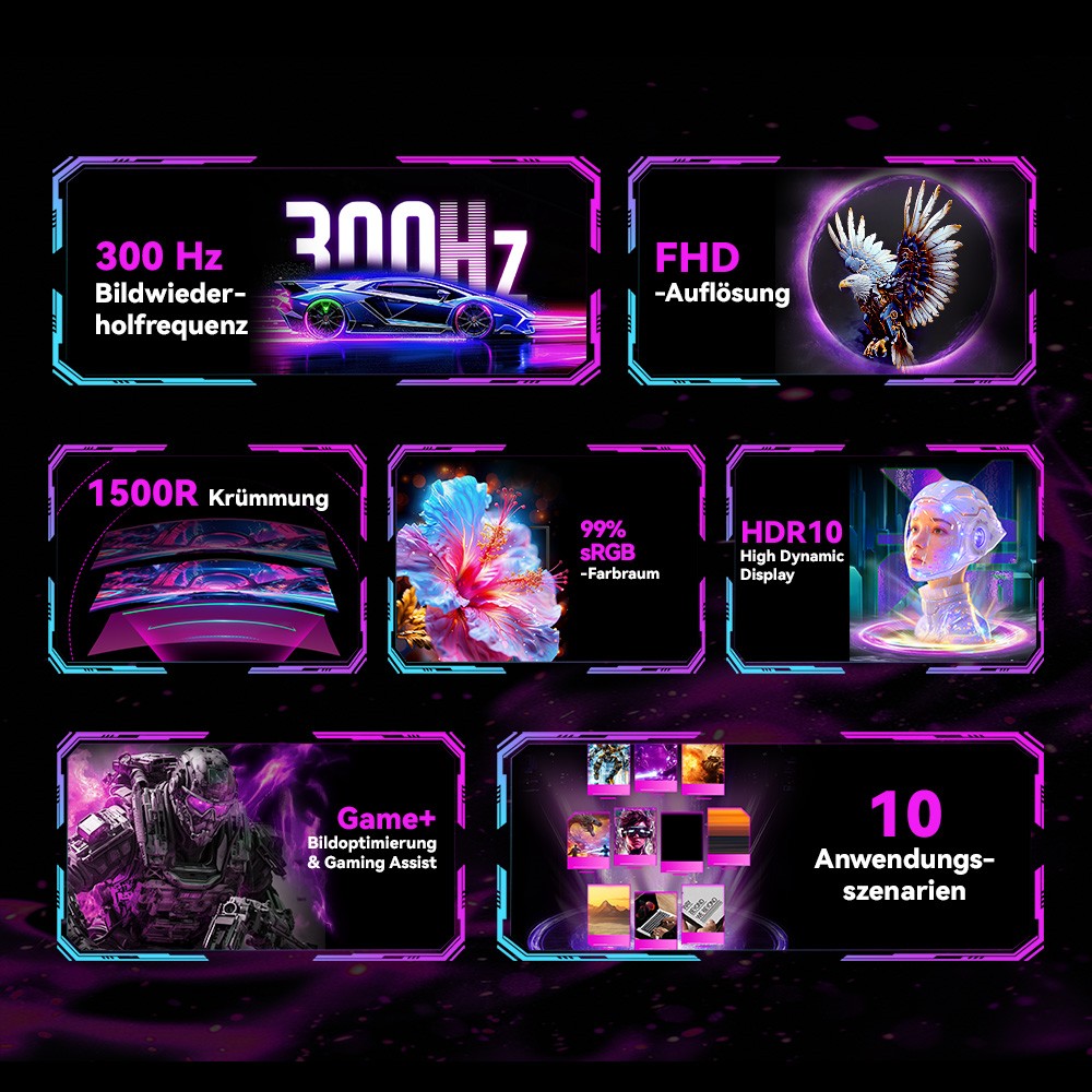 TITAN ARMY C27A1H Gaming-Monitor, 27 Zoll 1500R Curved VA-Bildschirm, 1920 x 1080, 300 Hz Bildwiederholfrequenz, 1 ms GTG-Reaktionszeit, FreeSync, HDR10, 4000:1 Kontrastverh&auml;ltnis, dynamisches OD, 10 Szenariomodi, 2 x HDMI 2.0, 2 x DP 1.4, 1 x Audio