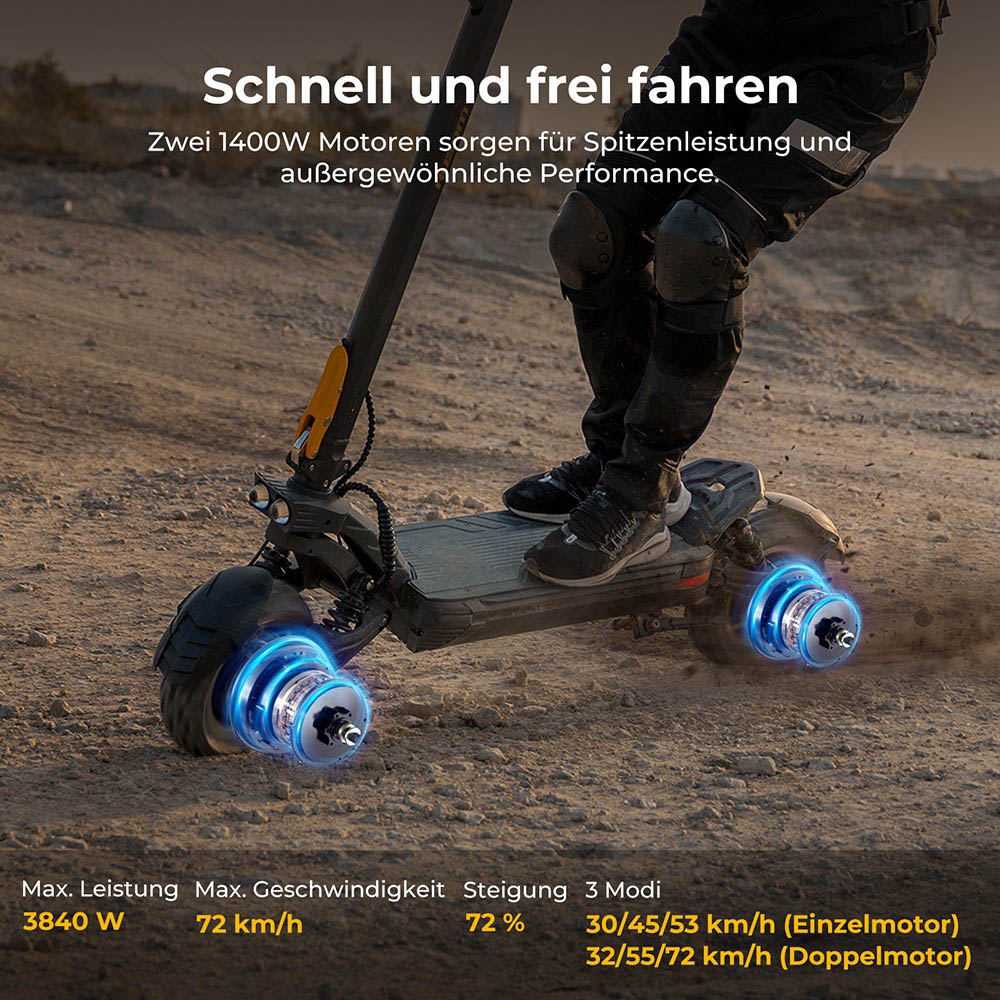 Ausom F1 Max Elektroroller, 2 x 1400 W Motor, 60 V 20,8 Ah Akku, 10 Zoll Reifen, 72 km/h H&ouml;chstgeschwindigkeit, 100 km maximale Reichweite, hydraulische Scheibenbremsen vorne und hinten, NFC- und Passcode-Sperre