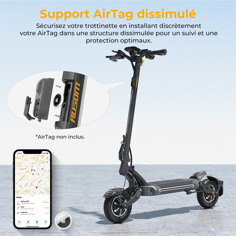 Trottinette &eacute;lectrique Ausom SR1, moteur 2 x 1&nbsp;000 W, batterie 52 V 20,8 Ah, pneus 10 pouces, vitesse maximale 65 km/h, autonomie 95 km, freins &agrave; disque hydrauliques avant et arri&egrave;re, suspension &agrave; bras oscillant