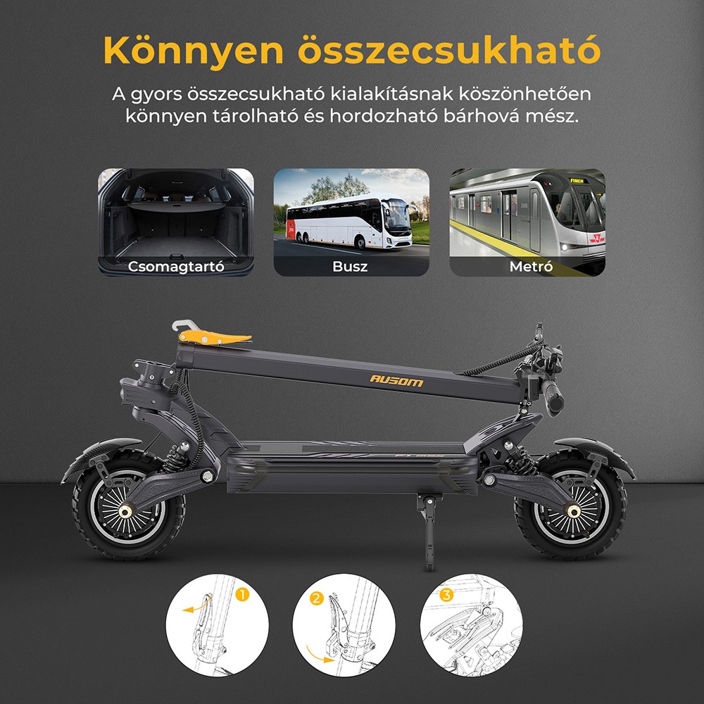 Ausom F1 Max Elektromos Roller, 2*1400W-os Motor, 60V 20.8Ah Akkumul&aacute;tor, 10 colos Gumiabroncsok, 72km/h Max. Sebess&eacute;g, 100km Max. Hat&oacute;t&aacute;vols&aacute;g, Első &eacute;s H&aacute;ts&oacute; Hidraulikus T&aacute;rcsaf&eacute;kek, NFC &eacute;s Jelsz&oacute;k&oacute;dos Z&aacute;rol&aacute;s