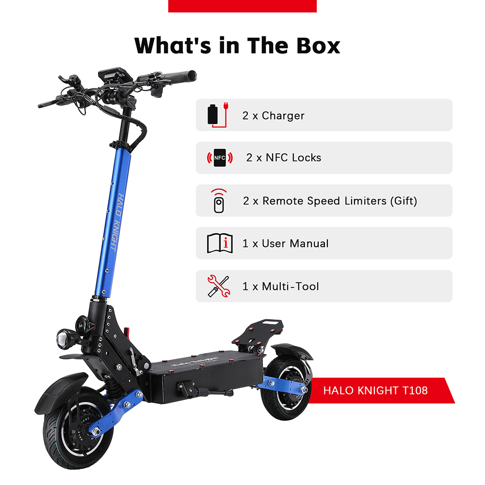 Halo Knight T108 Trottinette &eacute;lectrique, Pneu de route 10 pouces, Double moteur 1000W, Vitesse maximale 65 km/h, Batterie 52V 28.8Ah, Autonomie maximale 60 km, Charge maximale 150 kg, Frein hydraulique, IPX4 &Eacute;tanch&eacute;it&eacute; - Noir