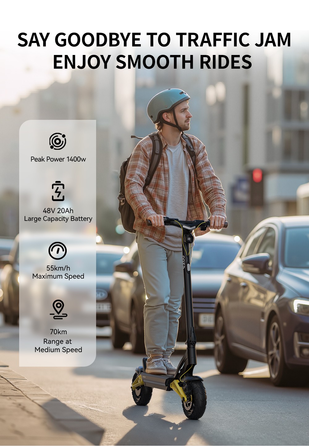OOTD S10 Elektroroller, 1400-W-Motor, 10-Zoll-Reifen, 48-V-20-Ah-Akku, 55 km/h Höchstgeschwindigkeit, 60-70 km Reichweite, Scheibenbremse