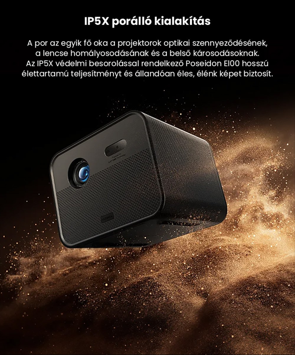 Ultimea Poseidon E100 projektor, 1800 ANSI, nat&iacute;v 1080P, 4K dek&oacute;dol&aacute;s, autof&oacute;kusz &eacute;s 6D automatikus trap&eacute;ztorz&iacute;t&aacute;s, akt&iacute;v 3D k&eacute;p, 10 W*2 Hangsz&oacute;r&oacute;k, Google TV