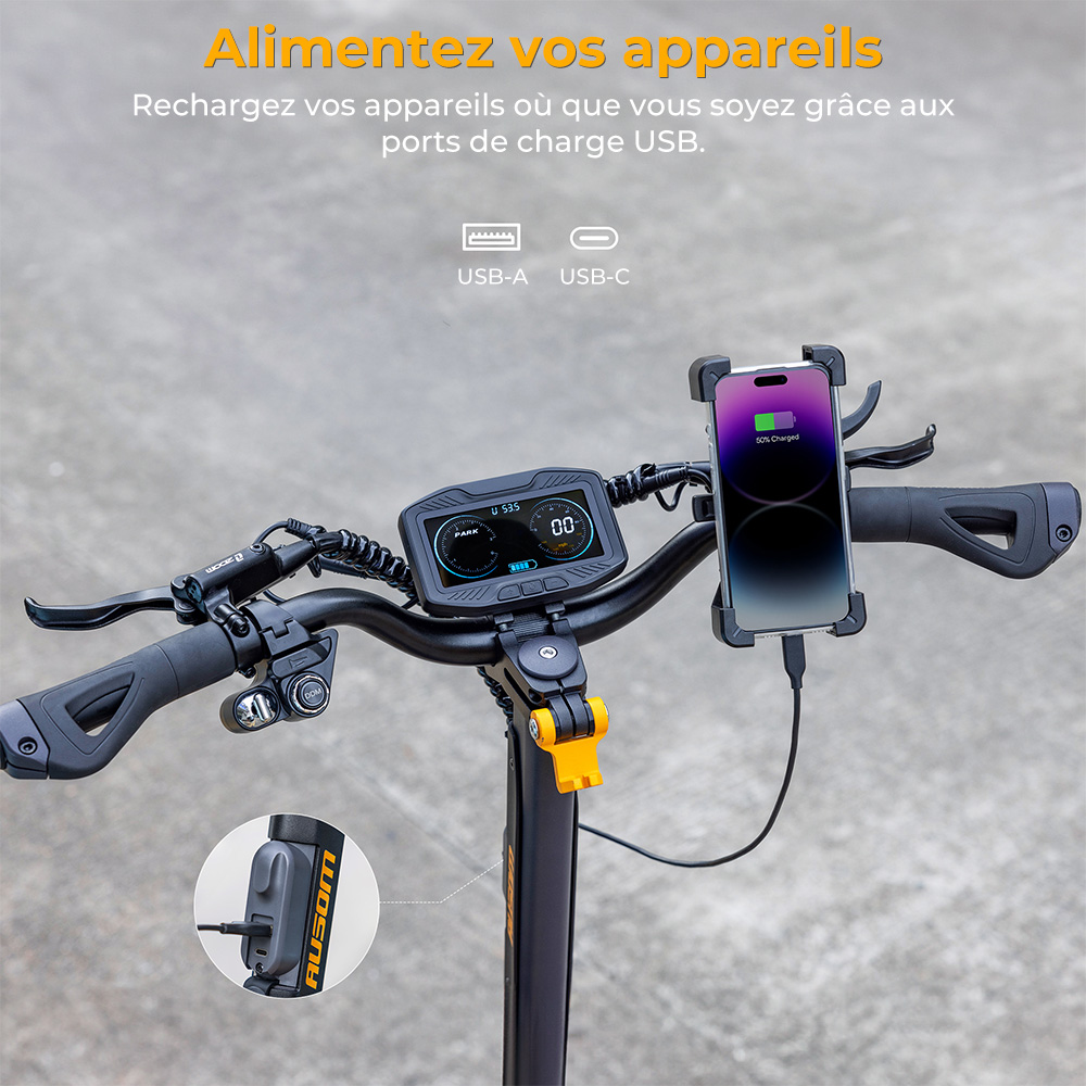 Trottinette &eacute;lectrique Ausom SR1, moteur 2 x 1&nbsp;000 W, batterie 52 V 20,8 Ah, pneus 10 pouces, vitesse maximale 65 km/h, autonomie 95 km, freins &agrave; disque hydrauliques avant et arri&egrave;re, suspension &agrave; bras oscillant