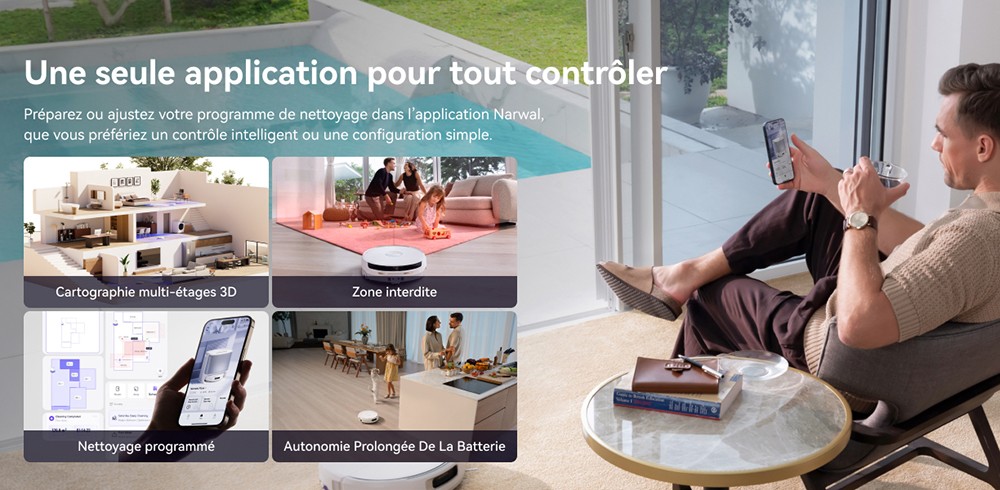 Narwal Freo Flow Aspirateur Robot et Serpilli&egrave;re, Aspiration 22 000Pa, &Eacute;vitement d&rsquo;Obstacles par IA &agrave; Double Cam&eacute;ra, Serpilli&egrave;re &agrave; Eau Chaude, Nettoyage des Tapis et Bords, Vidage Automatique, Sac &agrave; Poussi&egrave;re 2,5L, Commande Vocale - Blanc