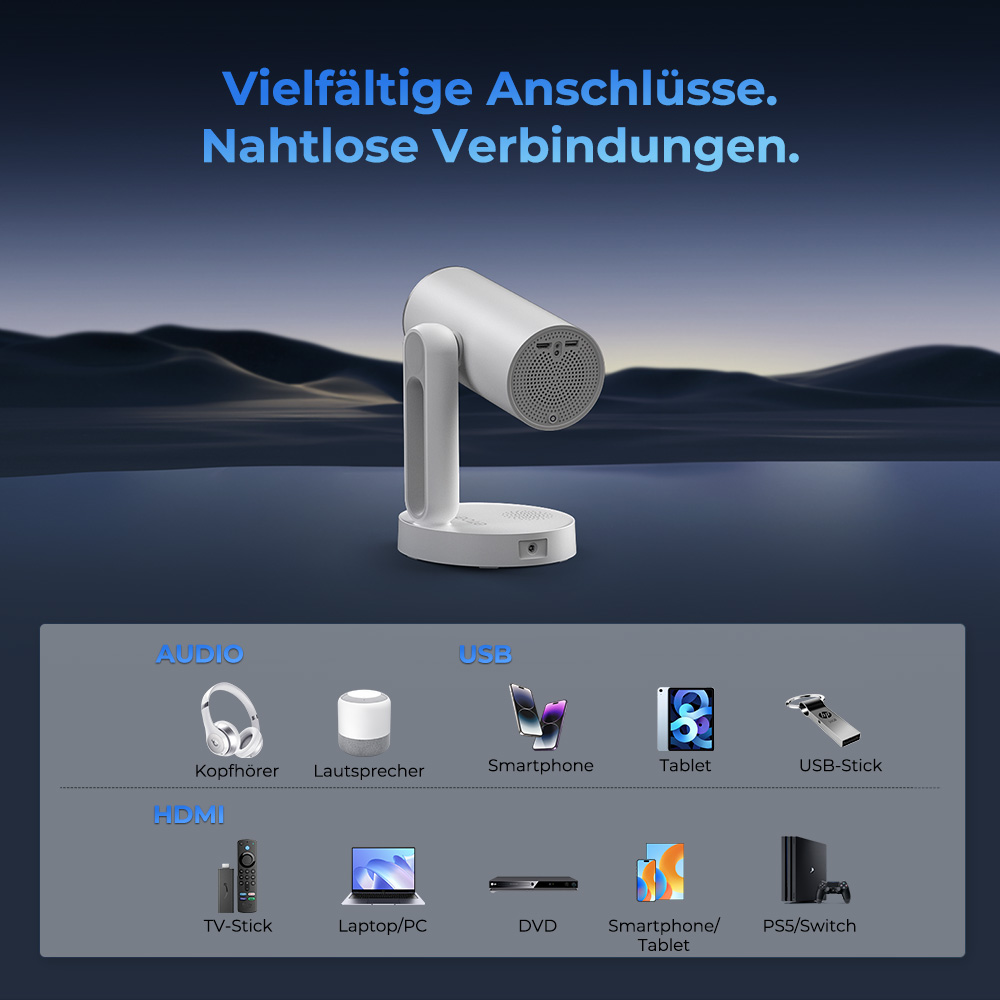 ETOE Starfish Plus-Projektor, integriertes Google TV, 140&deg;-Drehung, natives 1080p, 300 ANSI, 4K-Dekodierung, Touch-Nachtlicht, automatische Trapezkorrektur und Autofokus