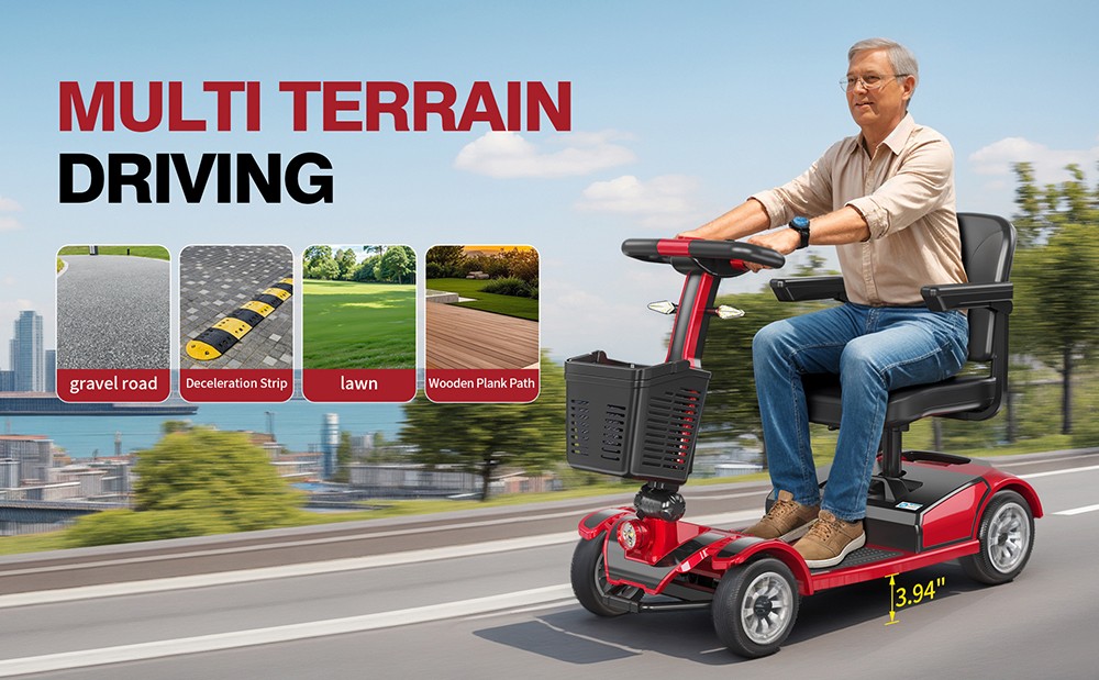 Unificare Mate Trottinette à quatre roues pour personnes âgées, moteur 250 W, batterie 24 V 20 Ah, pneus avant 8 pouces et arrière 9 pouces, vitesse maximale 7,8 km/h, autonomie 35 km, frein magnétique, charge maximale 190 kg - Rouge