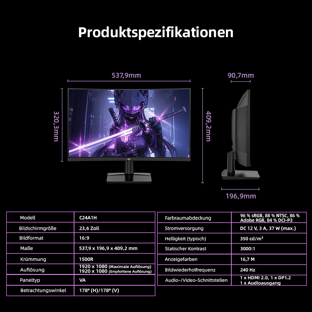 TITAN ARMY C24A1H Gaming-Monitor, 23,6 Zoll 1500R Curved VA-Bildschirm, 1920 x 1080, 240 Hz Bildwiederholfrequenz, Dynamic OD, FreeSync, HDR10, 10 Szenario-Modi, 96 % sRGB, Game+, 1 * HDMI 2.0, 1 * DP1.2, 1 * Audio, Low Blue Light