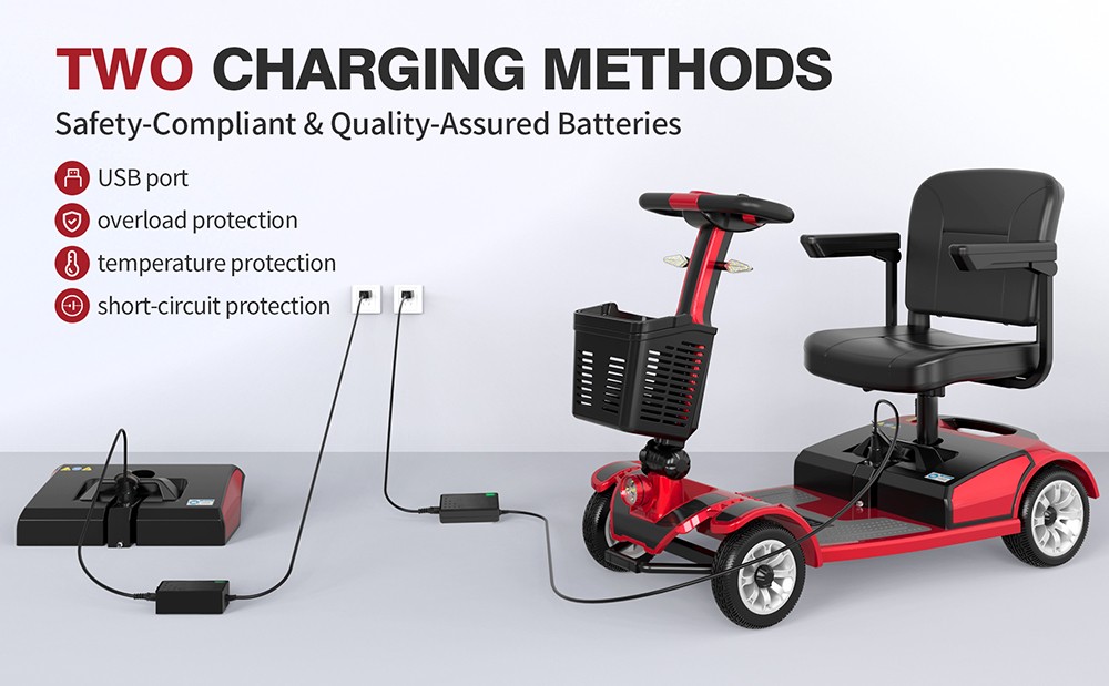 Unificare Mate Trottinette à quatre roues pour personnes âgées, moteur 250 W, batterie 24 V 20 Ah, pneus avant 8 pouces et arrière 9 pouces, vitesse maximale 7,8 km/h, autonomie 35 km, frein magnétique, charge maximale 190 kg - Rouge