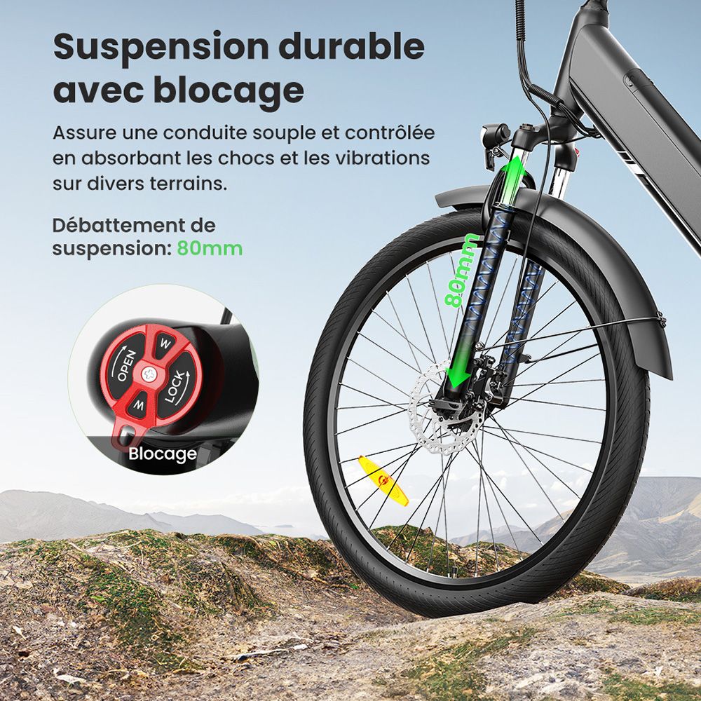 Touroll J1 Pro V&eacute;lo &eacute;lectrique, moteur 250 W, batterie 36 V 15,6 Ah, pneus 27,5 pouces, vitesse maximale 25 km/h, autonomie 100 km, frein &agrave; disque hydraulique, suspension avec blocage, Shimano 7 vitesses