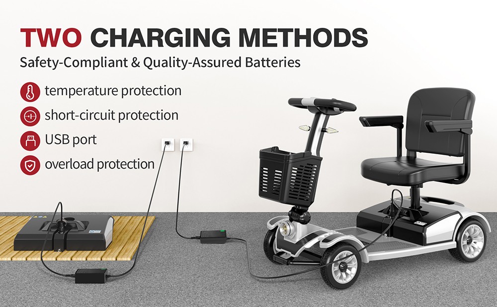 Unificare Mate Trottinette à quatre roues pour personnes âgées, moteur 250 W, batterie 24 V 20 Ah, pneus avant 8 pouces et arrière 9 pouces, vitesse maximale 7,8 km/h, autonomie 35 km, frein magnétique, charge maximale 190 kg - Argent