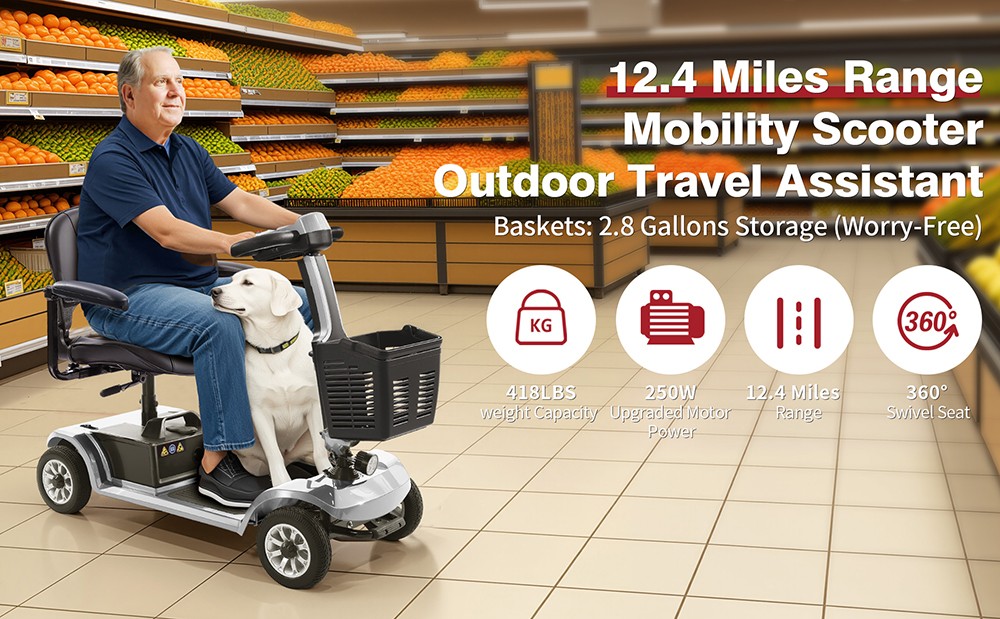 Unificare Unagi Vierrad-Scooter, 250-W-Motor, 24-V-12-Ah-Akku, 8-Zoll-Reifen, 6 km/h H&ouml;chstgeschwindigkeit, 20 km Reichweite, Magnetbremse, 190 kg maximale Tragkraft &ndash; Silber