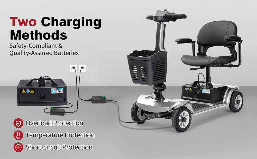 Unificare Unagi Vierrad-Scooter, 250-W-Motor, 24-V-12-Ah-Akku, 8-Zoll-Reifen, 6 km/h H&ouml;chstgeschwindigkeit, 20 km Reichweite, Magnetbremse, 190 kg maximale Tragkraft &ndash; Silber