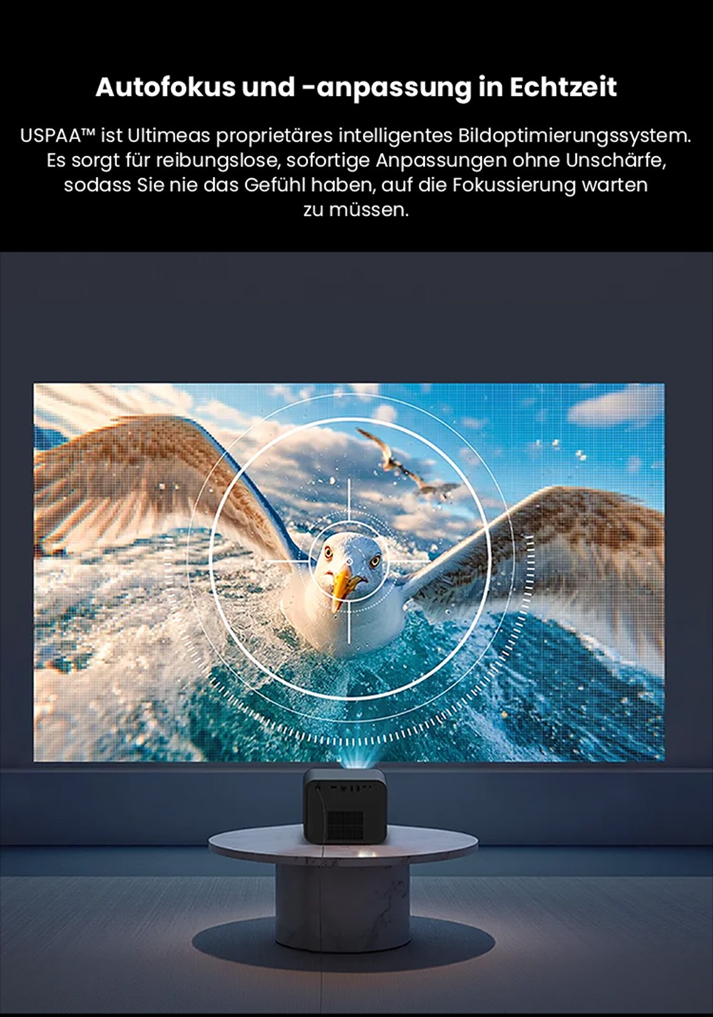 Ultimea Poseidon E100 Projektor, 1800 ANSI, natives 1080P, 4K-Dekodierung, Autofokus & 6D Auto Keystone, aktives 3D-Bild, 10W*2 Lautsprecher, Google TV