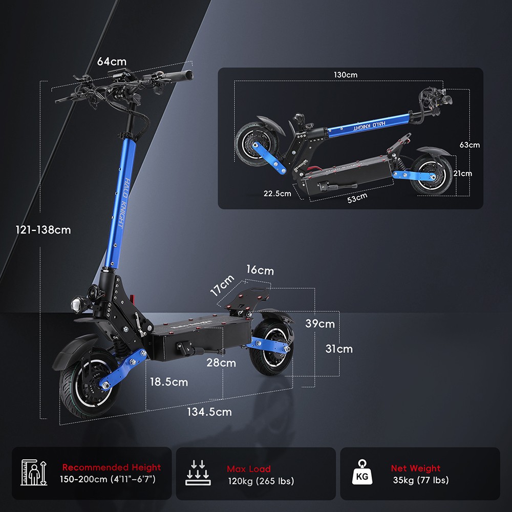 Halo Knight T108 elektromos roller 10 hüvelykes országúti gumiabroncs dupla 1000 W-os motorral 65 km/h maximális sebességgel 52 V 28,8 Ah akkumulátorral 60 km maximális hatótávolsággal 150 kg maximális terheléssel Hidraulikus fék IPX4 vízálló - fekete