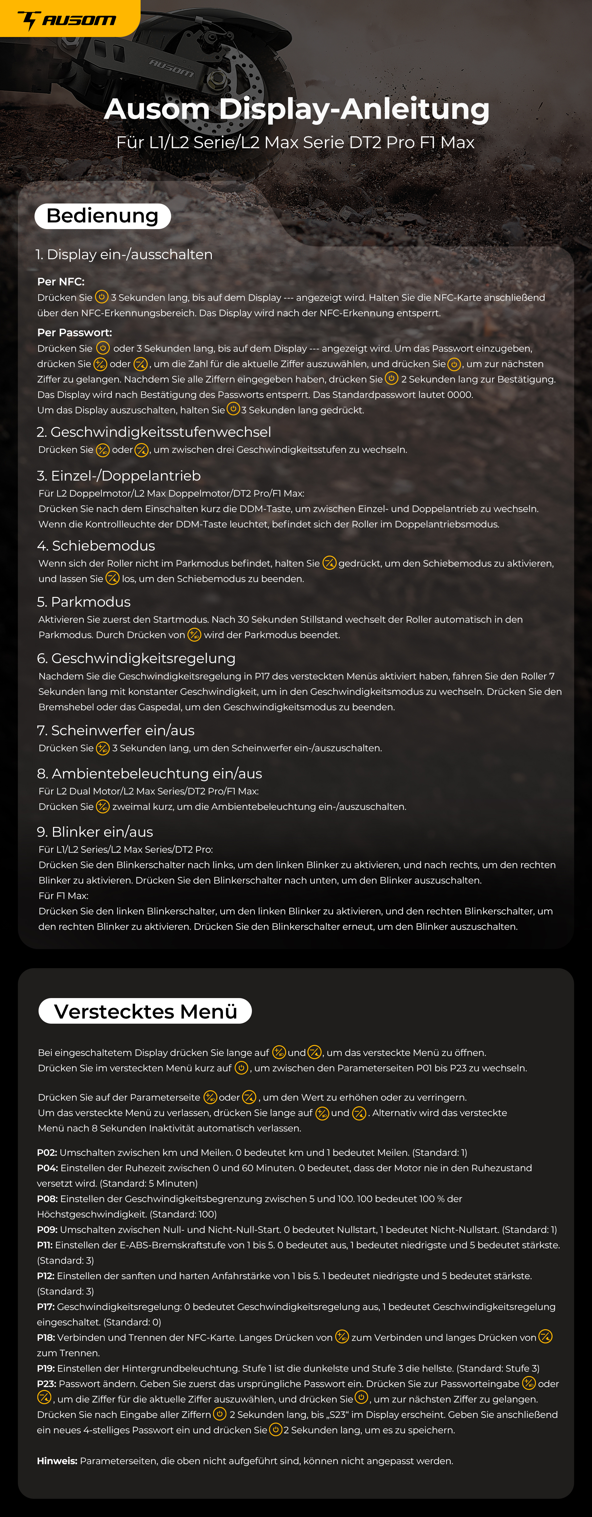 Ausom F1 Max Elektroroller, 2 x 1400 W Motoren, 60 V 20,8 Ah Akku, 10 Zoll Reifen, 72 km/h H&ouml;chstgeschwindigkeit, 100 km maximale Reichweite, hydraulische Scheibenbremsen vorne und hinten, NFC- und Passcode-Sperre