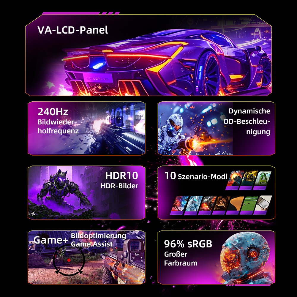 TITAN ARMY C24A1H Gaming-Monitor, 23,6 Zoll 1500R Curved VA-Bildschirm, 1920 x 1080, 240 Hz Bildwiederholfrequenz, Dynamic OD, FreeSync, HDR10, 10 Szenario-Modi, 96 % sRGB, Game+, 1 * HDMI 2.0, 1 * DP1.2, 1 * Audio, Low Blue Light