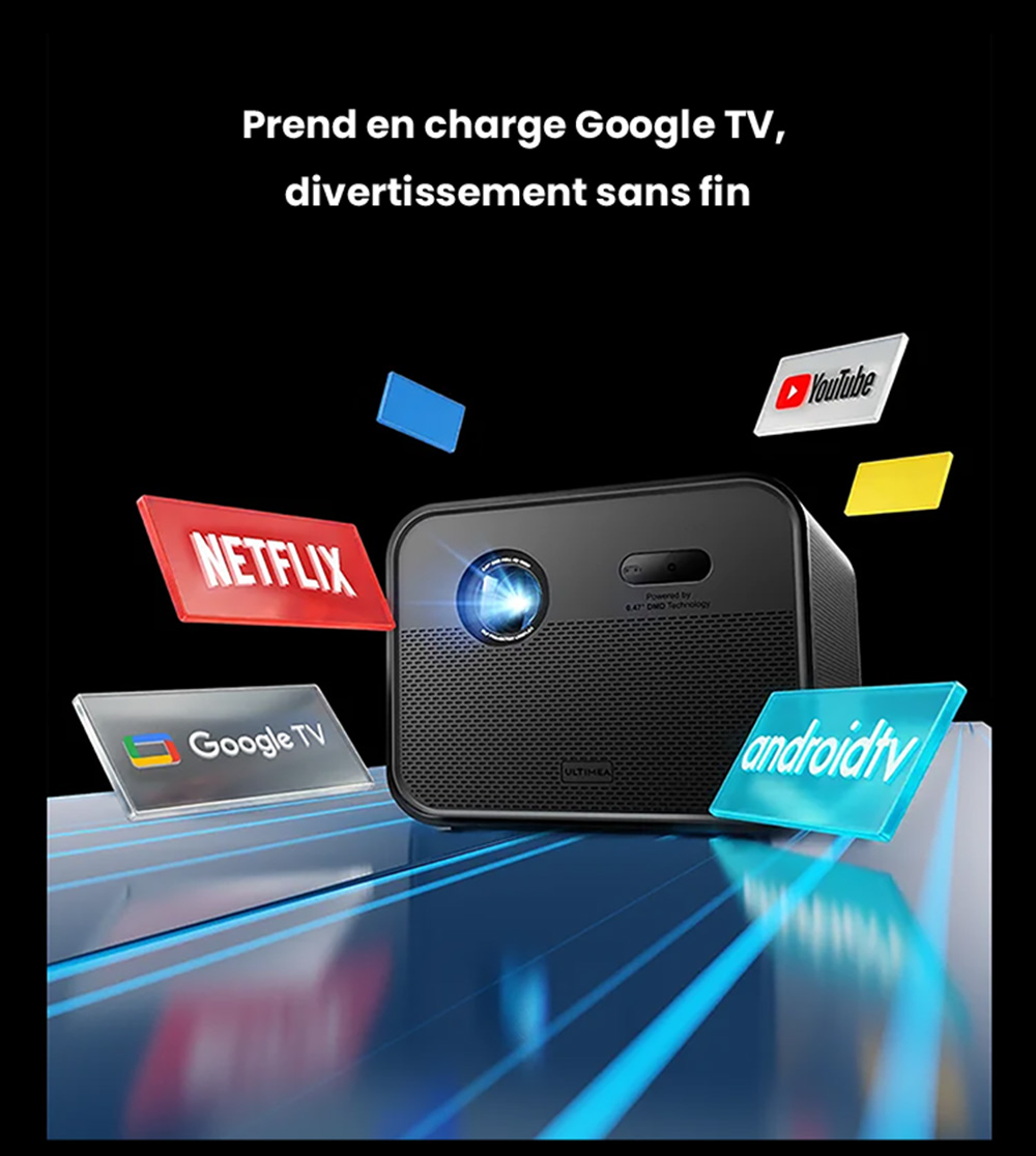 Ultimea Poseidon E100 Projecteur, 1800 ANSI, 1080P natif, décodage 4K, mise au point automatique et correction keystone 6D, image 3D active, Intervenants 10W*2, Google TV