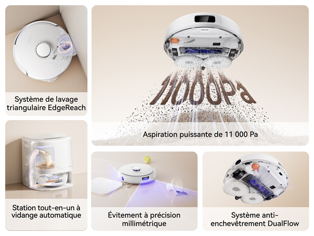 Narwal Freo X10 Pro Aspirateur Robot et Serpilli&egrave;re, Aspiration 11 000Pa, Vidage Automatique 120 Jours, Sans Enchev&ecirc;trement, Lavage & S&eacute;chage Automatiques de la Serpilli&egrave;re, &Eacute;vitement d&rsquo;Obstacles, pour Poils d&rsquo;Animaux et Sols Durs - Blanc
