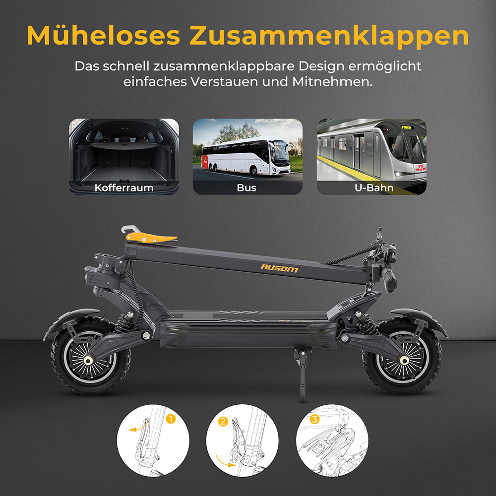 Ausom F1 Max Elektroroller, 2 x 1400 W Motor, 60 V 20,8 Ah Akku, 10 Zoll Reifen, 72 km/h H&ouml;chstgeschwindigkeit, 100 km maximale Reichweite, hydraulische Scheibenbremsen vorne und hinten, NFC- und Passcode-Sperre