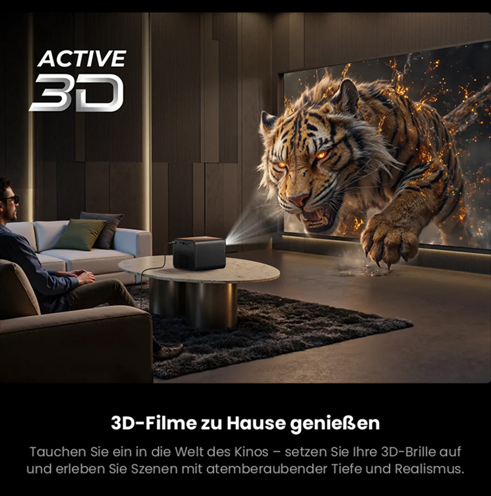 Ultimea Poseidon E100 Projektor, 1800 ANSI, natives 1080P, 4K-Dekodierung, Autofokus & 6D Auto Keystone, aktives 3D-Bild, 10W*2 Lautsprecher, Google TV