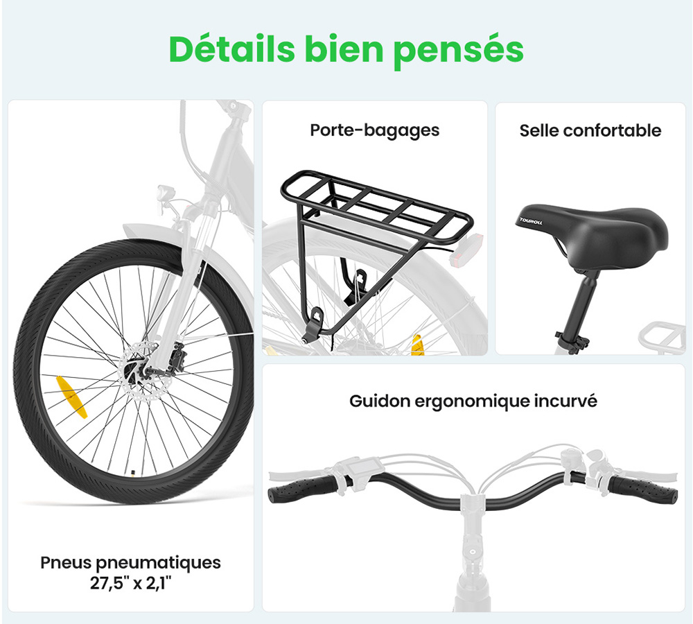 Touroll J1 Pro V&eacute;lo &eacute;lectrique, moteur 250 W, batterie 36 V 15,6 Ah, pneus 27,5 pouces, vitesse maximale 25 km/h, autonomie 100 km, frein &agrave; disque hydraulique, suspension avec blocage, Shimano 7 vitesses