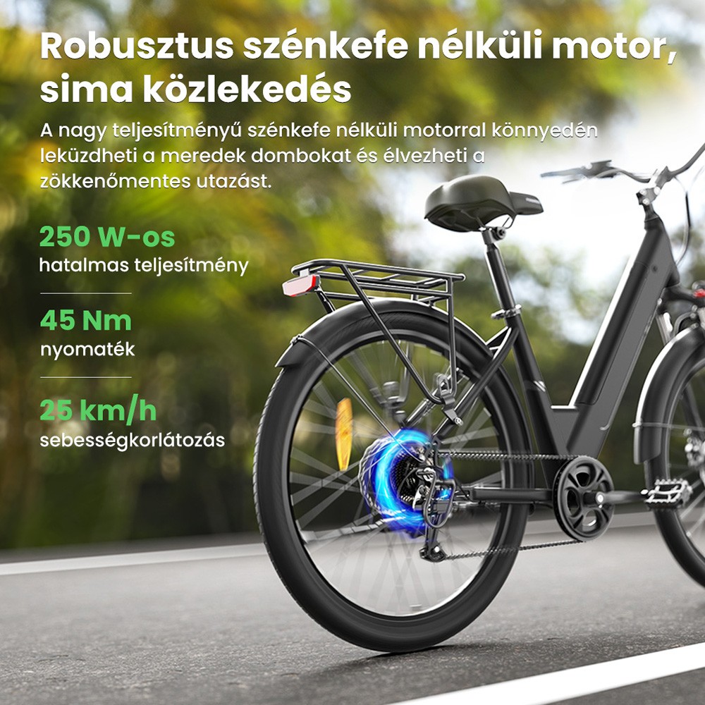 Touroll J1 Pro elektromos ker&eacute;kp&aacute;r, 250 W-os motor, 36 V-os 15,6 Ah-s akkumul&aacute;tor, 27,5 h&uuml;velykes gumiabroncsok, 25 km/h maxim&aacute;lis sebess&eacute;g, 100 km-es hat&oacute;t&aacute;vols&aacute;g, hidraulikus t&aacute;rcsaf&eacute;k, felf&uuml;ggeszt&eacute;s z&aacute;rral, Shimano 7 sebess&eacute;ges v&aacute;lt&oacute;