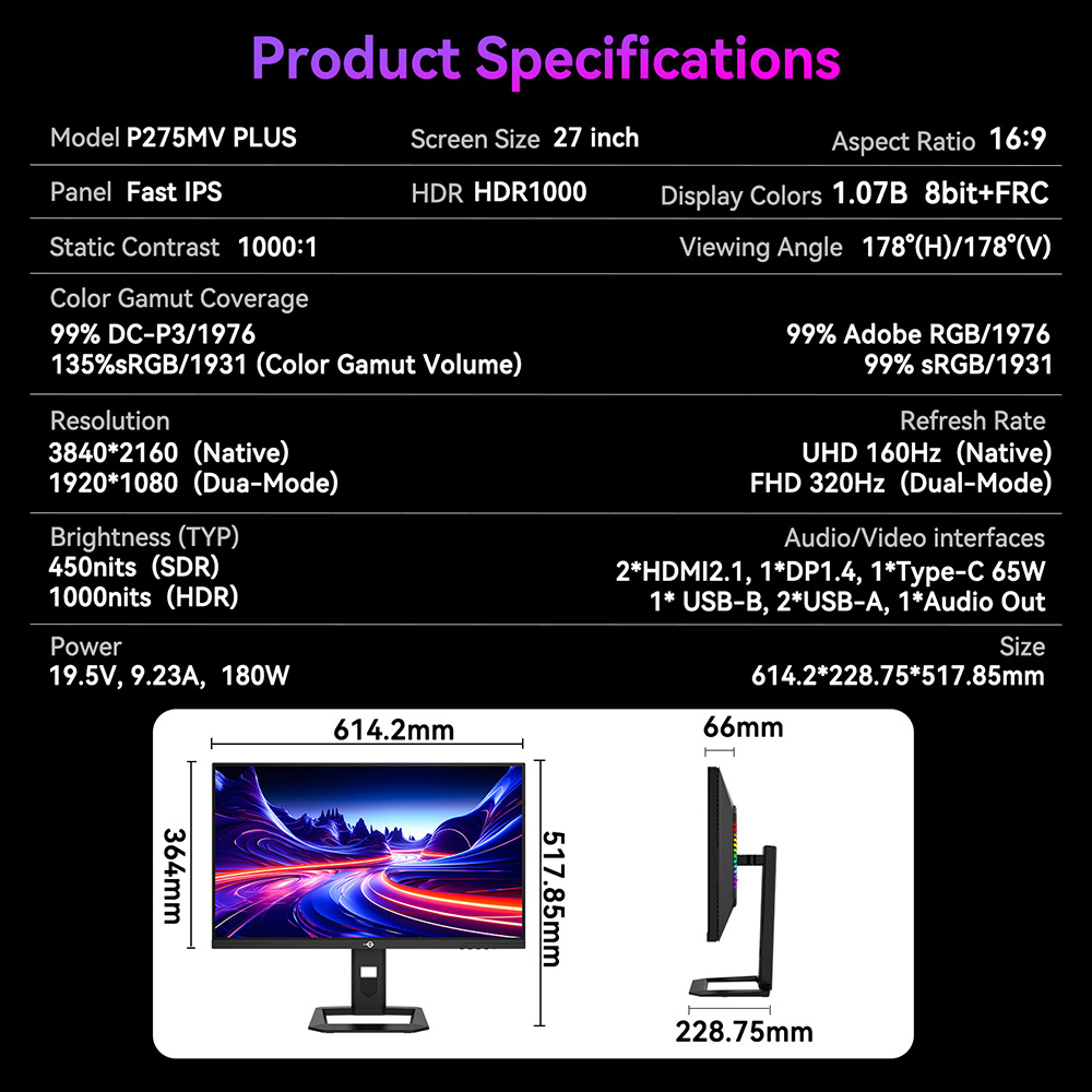 TITAN ARMY P275MV PLUS Gamer Monitor, 27 h&uuml;velykes Gyors IPS Kijelző, 3840*2160@160Hz &eacute;s 1920*1080@320Hz, HDR1000, DyDs Mini LED, 1 ms GTG V&aacute;laszidő, FreeSync, FPS/RTS J&aacute;t&eacute;k M&oacute;d, 2*USB-A, 1*USB-B, 1*Type-C, 2*HDMI2.1, 1*DP1.4, 1*Audio