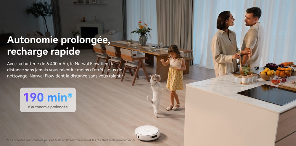 Narwal Freo Flow Aspirateur Robot et Serpilli&egrave;re, Aspiration 22 000Pa, &Eacute;vitement d&rsquo;Obstacles par IA &agrave; Double Cam&eacute;ra, Serpilli&egrave;re &agrave; Eau Chaude, Nettoyage des Tapis et Bords, Vidage Automatique, Sac &agrave; Poussi&egrave;re 2,5L, Commande Vocale - Blanc