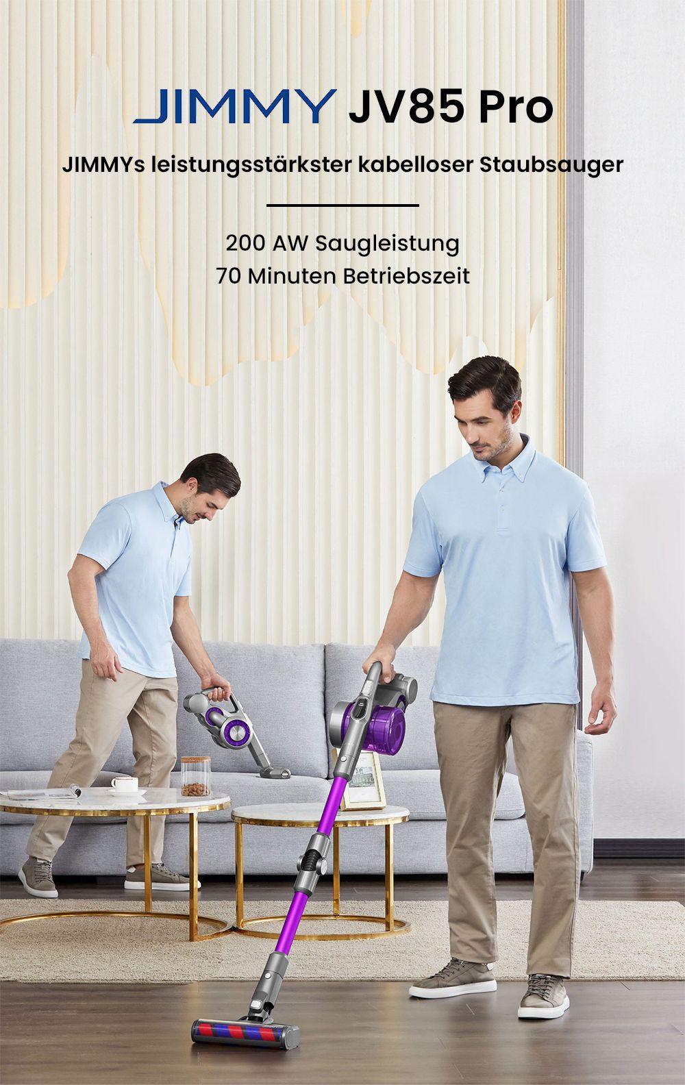 JIMMY JV85 Pro Wischversion, flexibler kabelloser Handstaubsauger, 2-in-1, Staubsaugen und Wischen, 200 AW starke Saugleistung, 550 W digitaler b&uuml;rstenloser Motor, 70 Minuten Laufzeit, 200 ml Wassertank, extrem leise &ndash; Lila