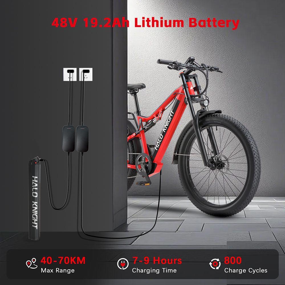 Halo Knight H03 Elektrofahrrad, 1000W Motor, 48V 19,2Ah Akku, 27,5 x 3,0 Zoll Reifen, 50 km/h Höchstgeschwindigkeit, 90 km maximale Reichweite, hydraulische Bremsen, Shimano 7-Gang-Schaltung - Rot