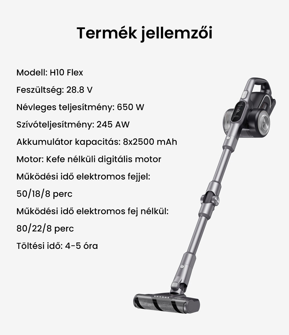 JIMMY H10 Flex akkus k&eacute;zi porsz&iacute;v&oacute;, 245 AW sz&iacute;v&oacute;teljes&iacute;tm&eacute;ny, 4 tiszt&iacute;t&aacute;si m&oacute;d, 0,6 literes porzs&aacute;k, 2500 mAh akkumul&aacute;tor