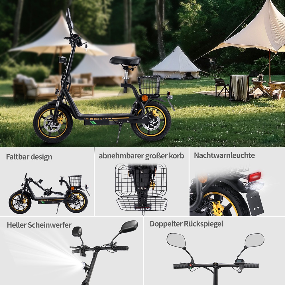 TWOFISH M5 Elite-E EEC-zertifizierter Elektroroller mit Sitz und Hinterkorb, 500W Motor, 48V 13Ah Batterie, 14 Zoll Reifen, 40 km/h H&ouml;chstgeschwindigkeit, 30 km Reichweite, Doppel-Scheibenbremsen, Vorder- und Hintersto&szlig;d&auml;mpfer - Schwarz