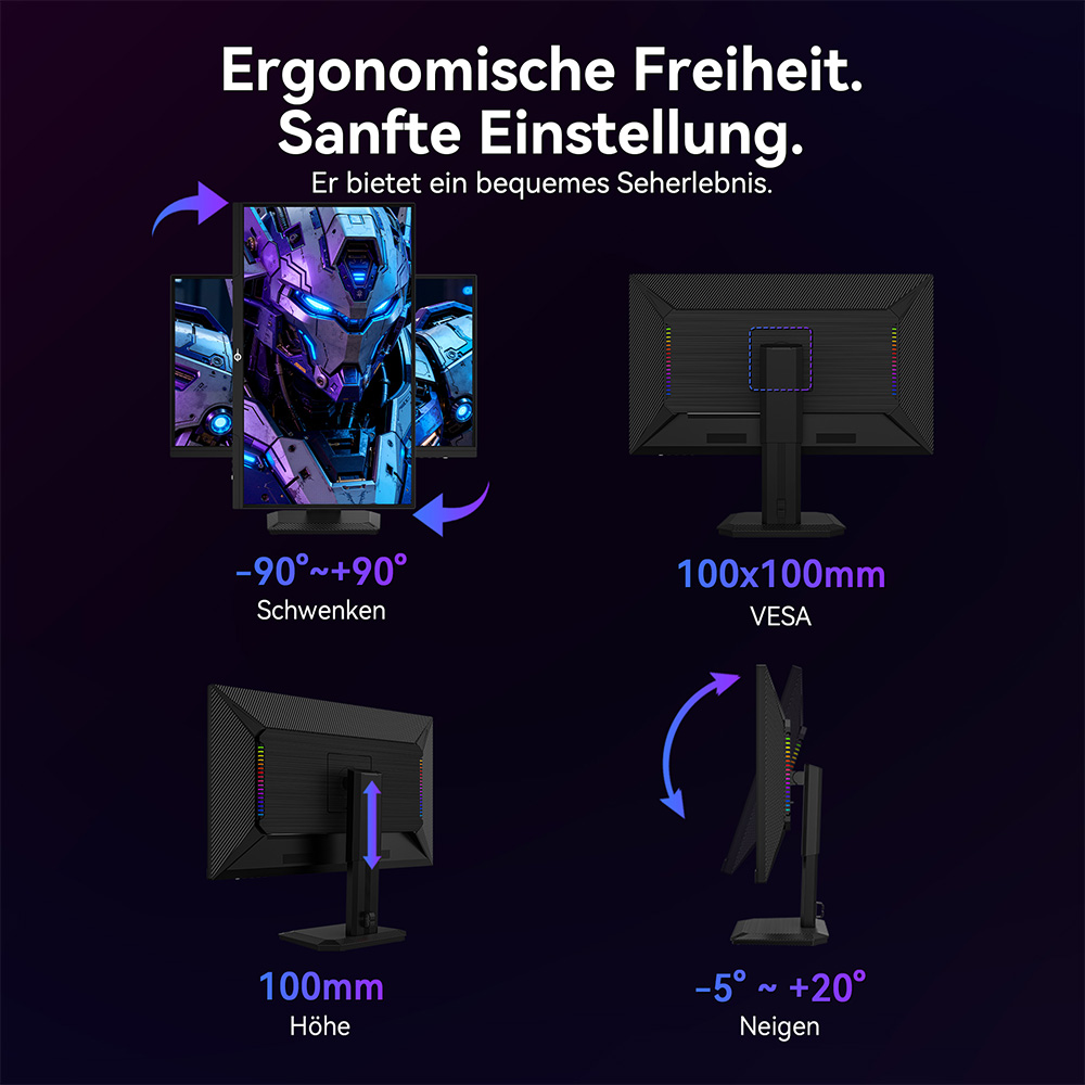 TITAN ARMY P2712V Gaming-Monitor, 27 Zoll Fast IPS, 3840&times;2160@160Hz & 1920&times;1080@320Hz, HDR400, 12 Szenario-Modi, Game Assist, 1ms GTG-Reaktionszeit, Dynamic OD, RGB-Gaming-Beleuchtung, Low Blue Light, 2*HDMI 2.1, 2*DP 1.4, 1*Audio