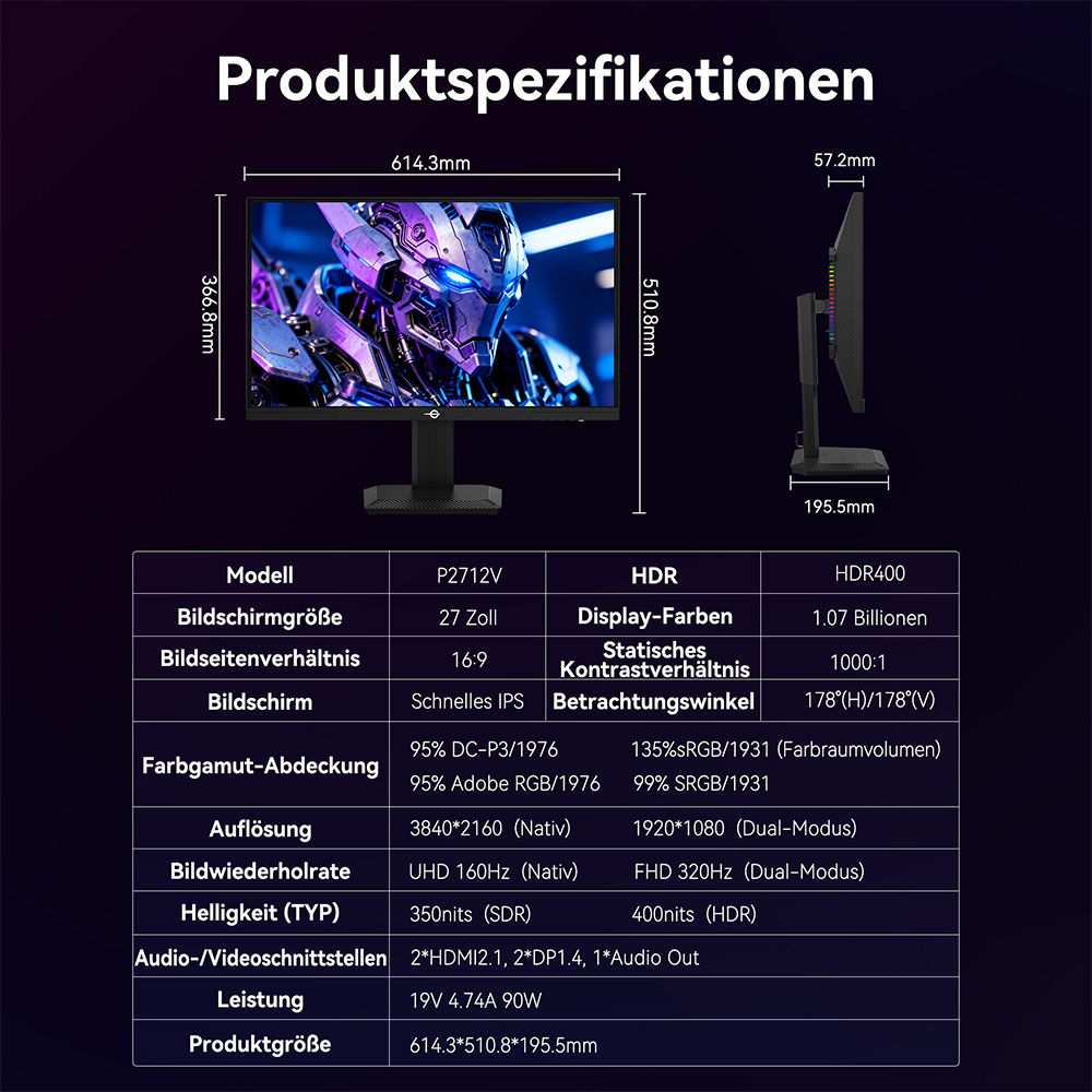 TITAN ARMY P2712V Gaming-Monitor, 27 Zoll Fast IPS, 3840&times;2160@160Hz & 1920&times;1080@320Hz, HDR400, 12 Szenario-Modi, Game Assist, 1ms GTG-Reaktionszeit, Dynamic OD, RGB-Gaming-Beleuchtung, Low Blue Light, 2*HDMI 2.1, 2*DP 1.4, 1*Audio