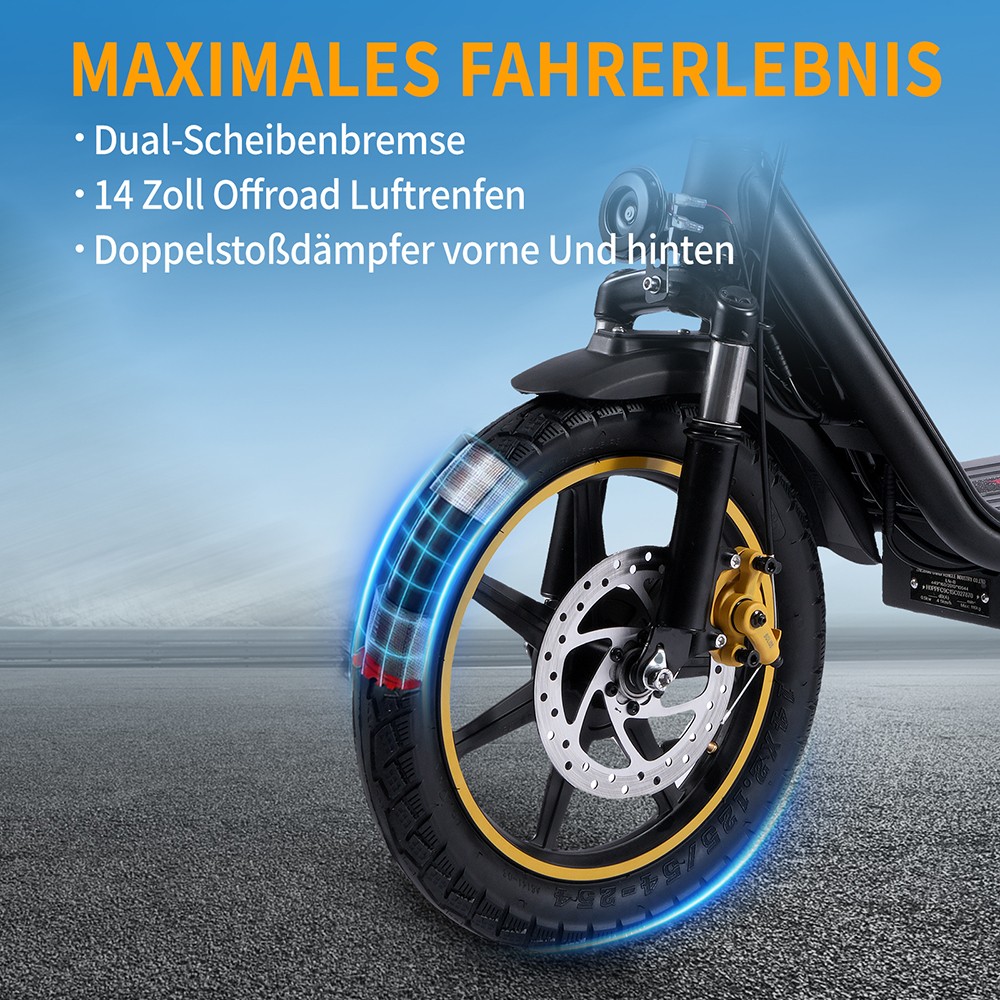 TWOFISH M5 Elite-E EEC-zertifizierter Elektroroller mit Sitz und Hinterkorb, 500W Motor, 48V 13Ah Batterie, 14 Zoll Reifen, 40 km/h H&ouml;chstgeschwindigkeit, 30 km Reichweite, Doppel-Scheibenbremsen, Vorder- und Hintersto&szlig;d&auml;mpfer - Schwarz