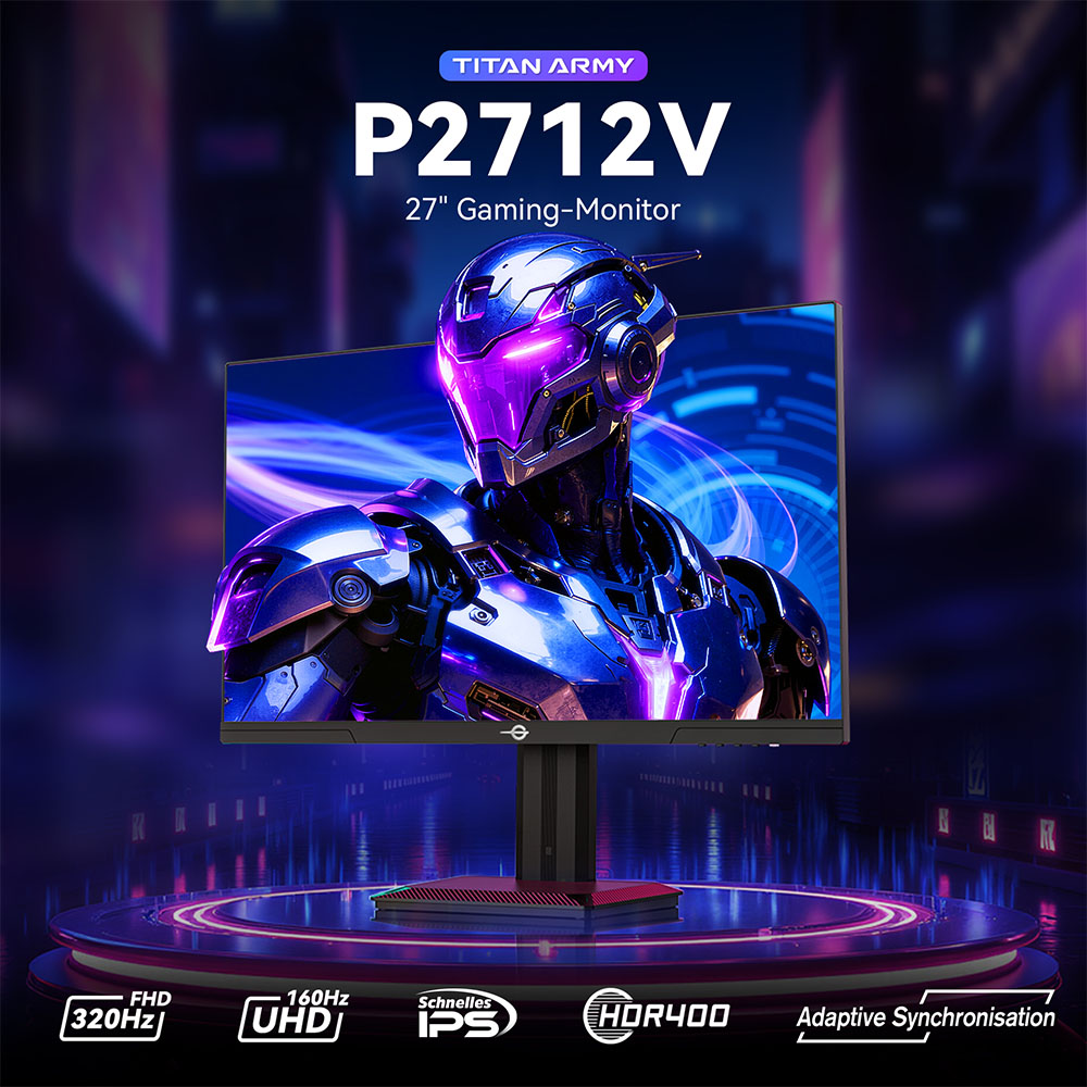TITAN ARMY P2712V Gaming-Monitor, 27 Zoll Fast IPS, 3840&times;2160@160Hz & 1920&times;1080@320Hz, HDR400, 12 Szenario-Modi, Game Assist, 1ms GTG-Reaktionszeit, Dynamic OD, RGB-Gaming-Beleuchtung, Low Blue Light, 2*HDMI 2.1, 2*DP 1.4, 1*Audio