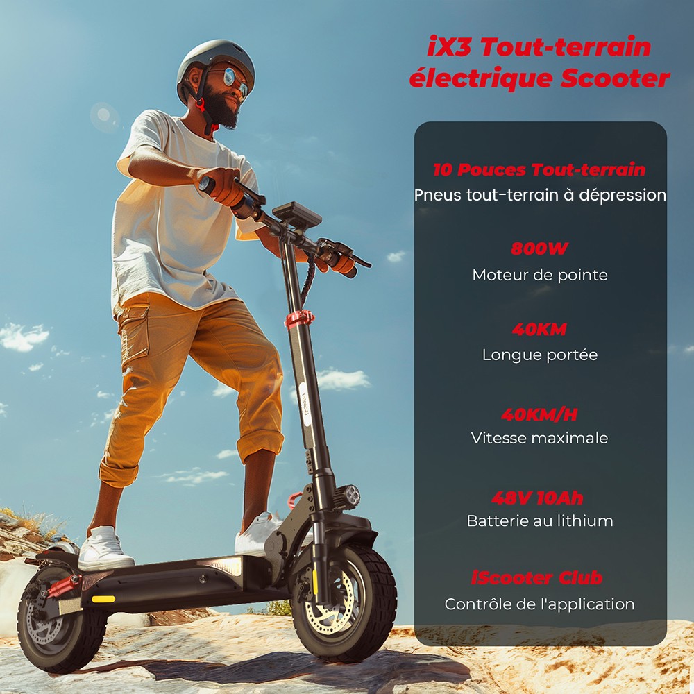 iScooter iX3 Trottinette électrique pliable, pneus pneumatiques de 10 pouces, moteur de 800 W, batterie de 10 Ah, vitesse maximale de 40 km/h, autonomie maximale de 40 km, hauteur de guidon réglable, contrôle par application - Noir