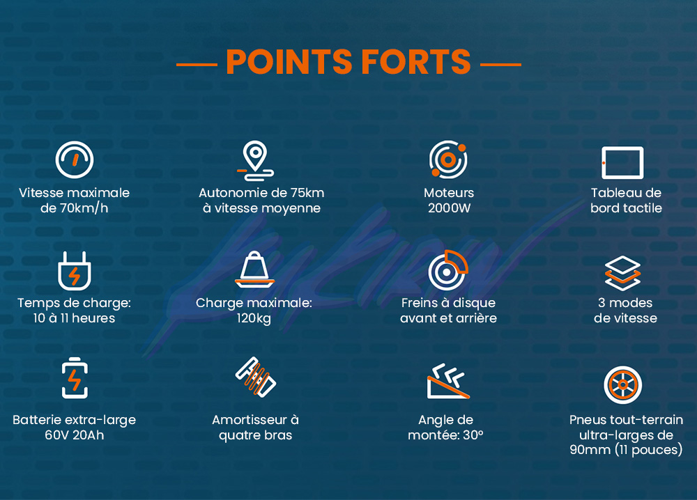 KuKirin G4 Trottinette &eacute;lectrique, moteur 2 x 1&nbsp;000 W, batterie 60 V 20 Ah, pneus 11 pouces, vitesse maximale 70 km/h, autonomie 75 km, freins &agrave; disque avant et arri&egrave;re, amortisseur &agrave; quatre bras