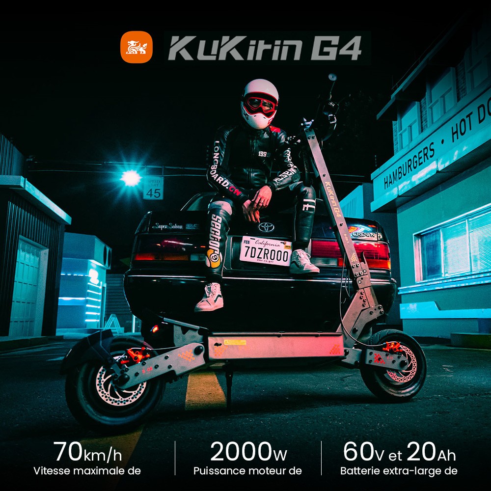 KuKirin G4 Trottinette &eacute;lectrique, moteur 2 x 1&nbsp;000 W, batterie 60 V 20 Ah, pneus 11 pouces, vitesse maximale 70 km/h, autonomie 75 km, freins &agrave; disque avant et arri&egrave;re, amortisseur &agrave; quatre bras