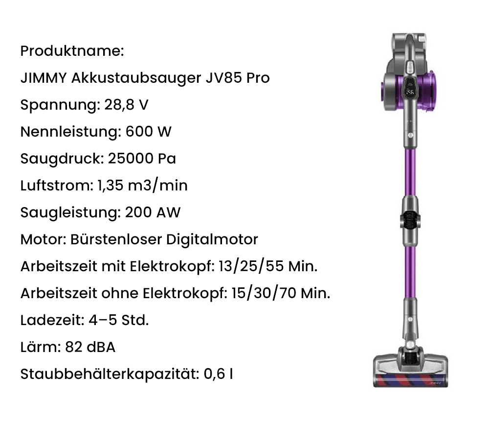 JIMMY JV85 Pro Wischversion, flexibler kabelloser Handstaubsauger, 2-in-1, Staubsaugen und Wischen, 200 AW starke Saugleistung, 550 W digitaler b&uuml;rstenloser Motor, 70 Minuten Laufzeit, 200 ml Wassertank, extrem leise &ndash; Lila