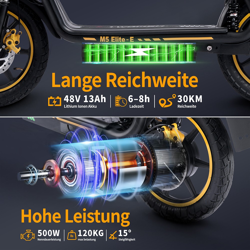 TWOFISH M5 Elite-E EEC-zertifizierter Elektroroller mit Sitz und Hinterkorb, 500W Motor, 48V 13Ah Batterie, 14 Zoll Reifen, 40 km/h H&ouml;chstgeschwindigkeit, 30 km Reichweite, Doppel-Scheibenbremsen, Vorder- und Hintersto&szlig;d&auml;mpfer - Schwarz