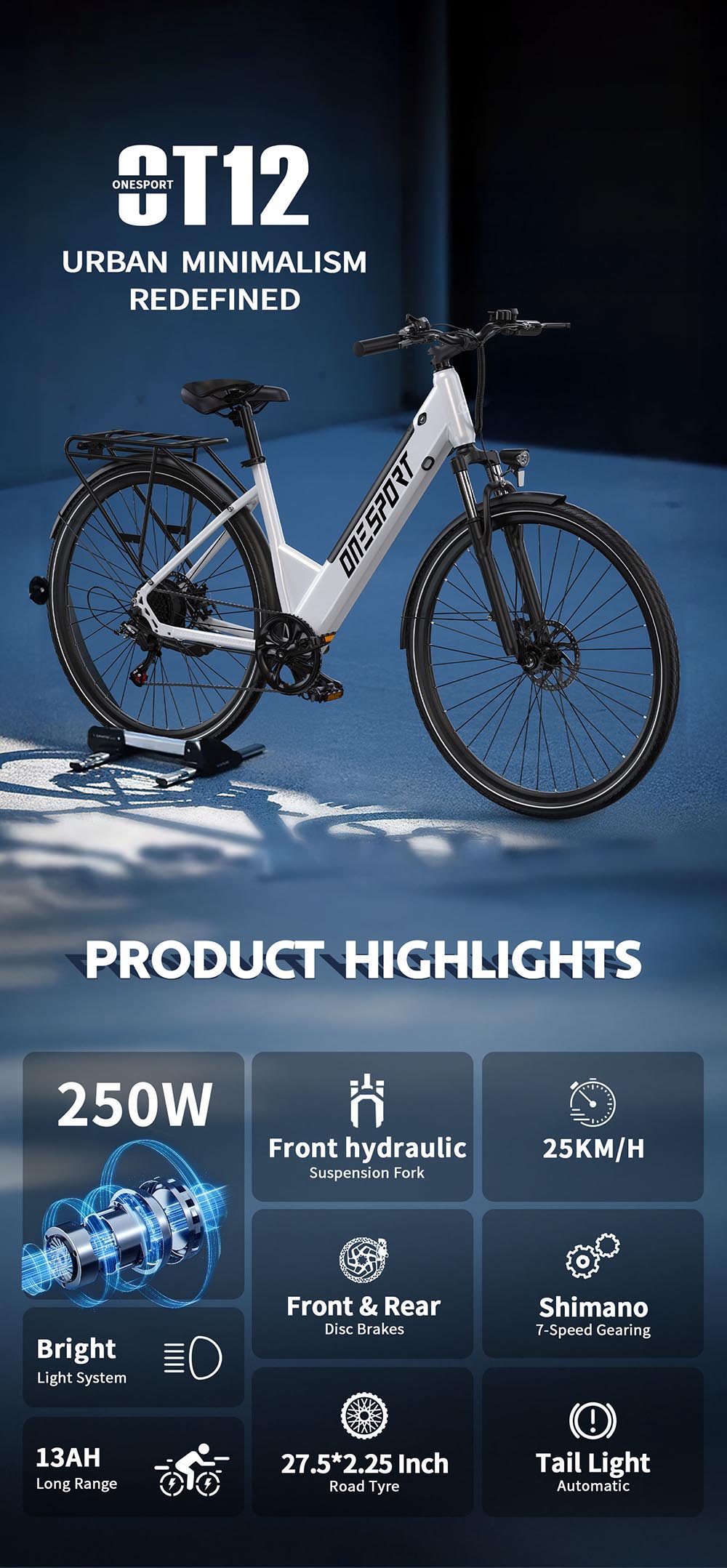 Elektrobicykel DUOTTS OT12, 250W motor, 36V 13Ah batéria, 27.5 palcové pneumatiky, max. rýchlosť 25 km/h, dojazd 65 km, predné & zadné mechanické kotúčové brzdy, predná odpružená vidlica, Shimano 7 rýchlostí - biely