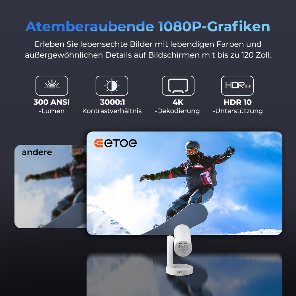 ETOE Starfish Plus-Projektor, integriertes Google TV, 140&deg;-Drehung, natives 1080p, 300 ANSI, 4K-Dekodierung, Touch-Nachtlicht, automatische Trapezkorrektur und Autofokus