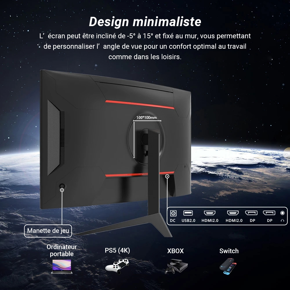 KTC H27S17 Moniteur de jeu incurv&eacute; 27 pouces 1500R QHD 2560 x 1440 16:9 ELED 165 Hz 99 % sRGB 4000:1 Rapport de contraste 1 ms Temps de r&eacute;ponse MPRT Faible flou de mouvement Compatible avec FreeSync G-Sync USB HDMI2.0 Sortie audio 2xDP1.2 Support VESA