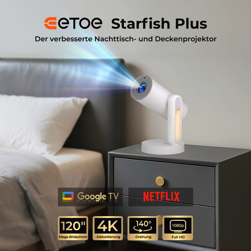 ETOE Starfish Plus-Projektor, integriertes Google TV, 140&deg;-Drehung, natives 1080p, 300 ANSI, 4K-Dekodierung, Touch-Nachtlicht, automatische Trapezkorrektur und Autofokus