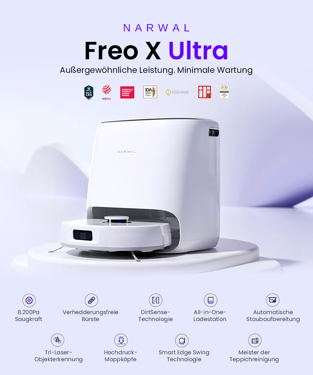 Narwal Freo X Ultra Roboterstaubsauger, 8200 Pa Saugleistung, 210 Min. Laufzeit, Tri-Laser-Navigation, Verwicklungsfreie schwimmende B&uuml;rste, 1-Liter-Einwegbeutel, 7-w&ouml;chige Staublagerung &ndash; EU-Stecker