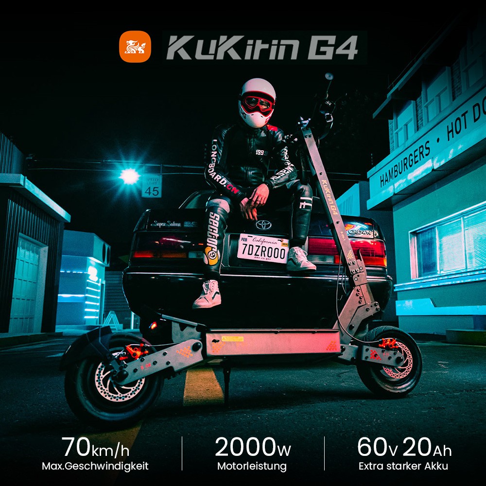 KuKirin G4 Elektroroller, 2 x 1000 W Motor, 60 V 20 Ah Akku, 11 Zoll Reifen, 70 km/h H&ouml;chstgeschwindigkeit, 75 km Reichweite, Scheibenbremsen vorne und hinten, Vierarm-Sto&szlig;d&auml;mpfer