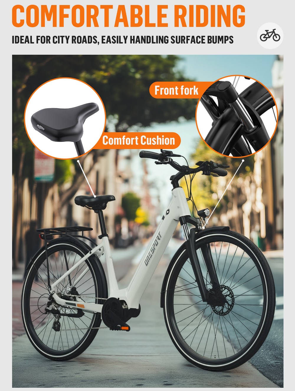 ONESPORT OT07 V&eacute;lo &eacute;lectrique, 250 W BAFANG Moteur &agrave; entra&icirc;nement central, Batterie 36 V 14 Ah, Pneus 27,5 pouces, Vitesse maximale 25 km/h, Autonomie 110 km, Fourche amortissante, Freins &agrave; disque hydrauliques, SHIMANO 7 vitesses - Blanc