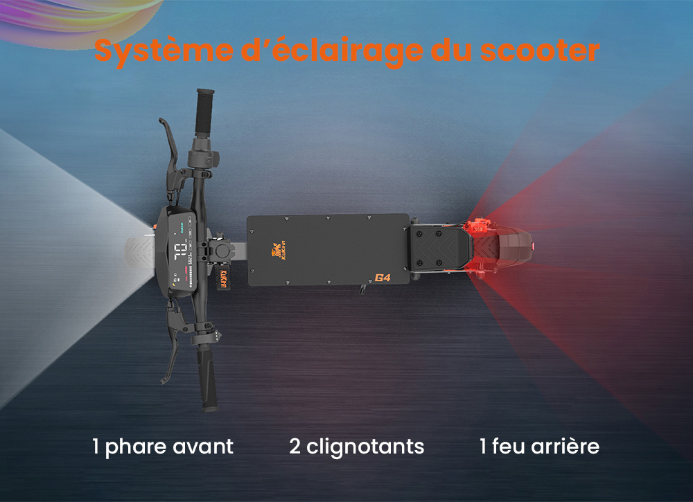 KuKirin G4 Trottinette &eacute;lectrique, moteur 2 x 1&nbsp;000 W, batterie 60 V 20 Ah, pneus 11 pouces, vitesse maximale 70 km/h, autonomie 75 km, freins &agrave; disque avant et arri&egrave;re, amortisseur &agrave; quatre bras